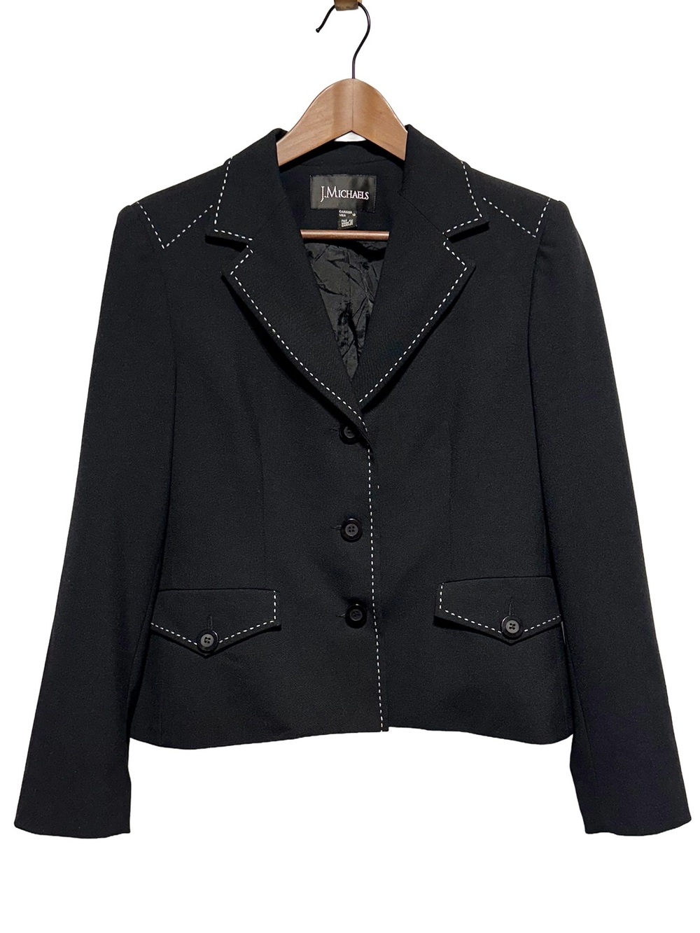 J Michaels Black Contrast Stitch Cropped Blazer Jacket Size 12